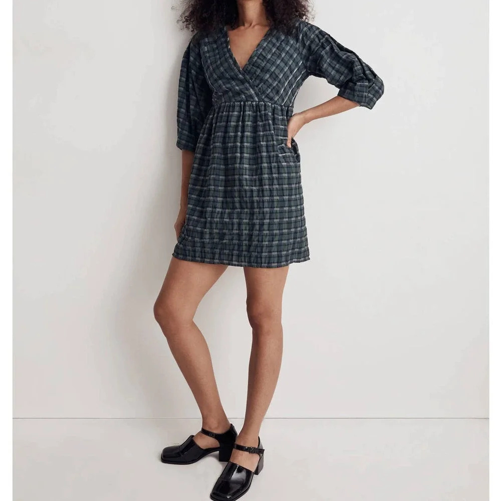 Madewell Women Marianna Puff-Sleeve Plaid Mini Dress Small NWOT